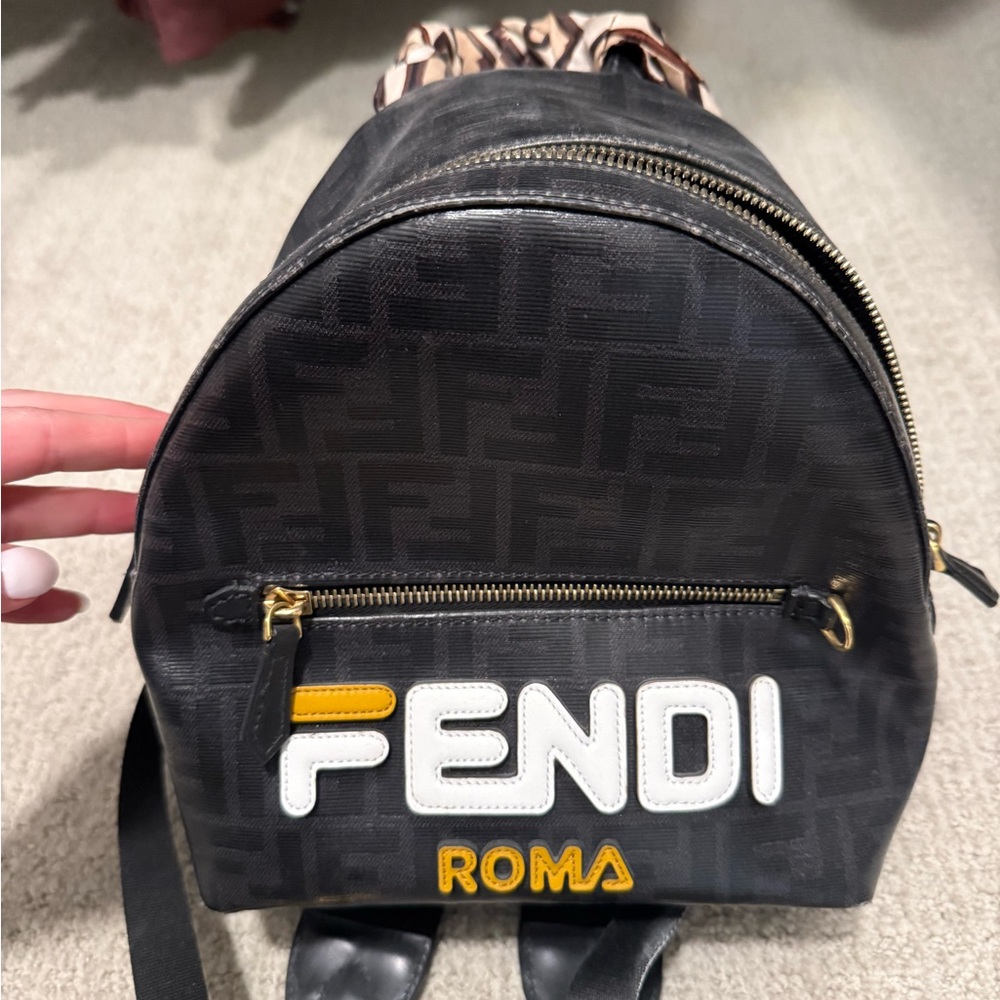 Fendi Black and Gold Logo Backpack